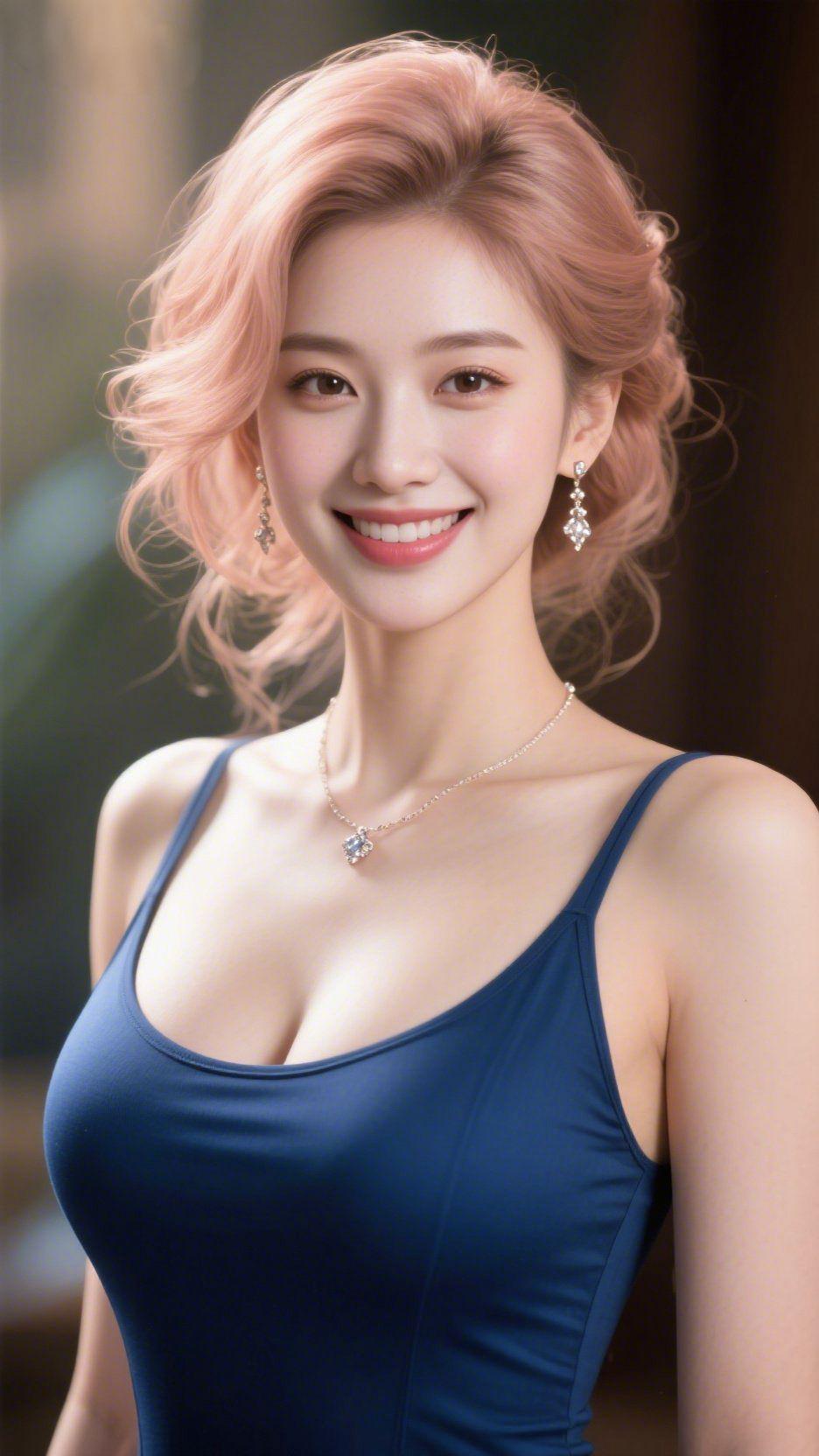 粉发蓝衫，笑揽温柔暖光轻笼的时刻，粉调发丝似揉碎的樱花絮，卷着柔缓的弧度垂