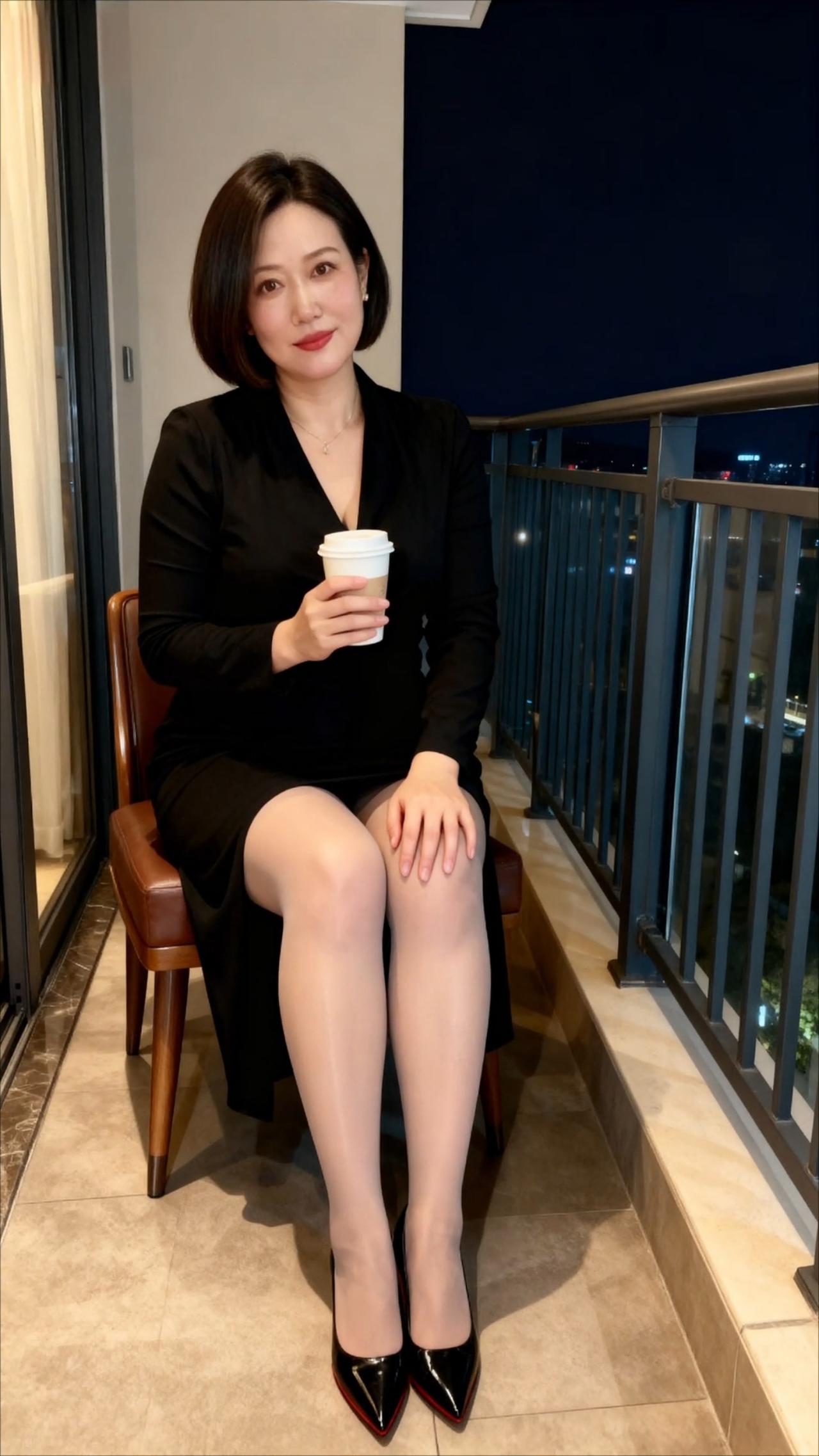 夜晚的阳台，优雅的黑裙与咖啡相伴，静享宁静时光