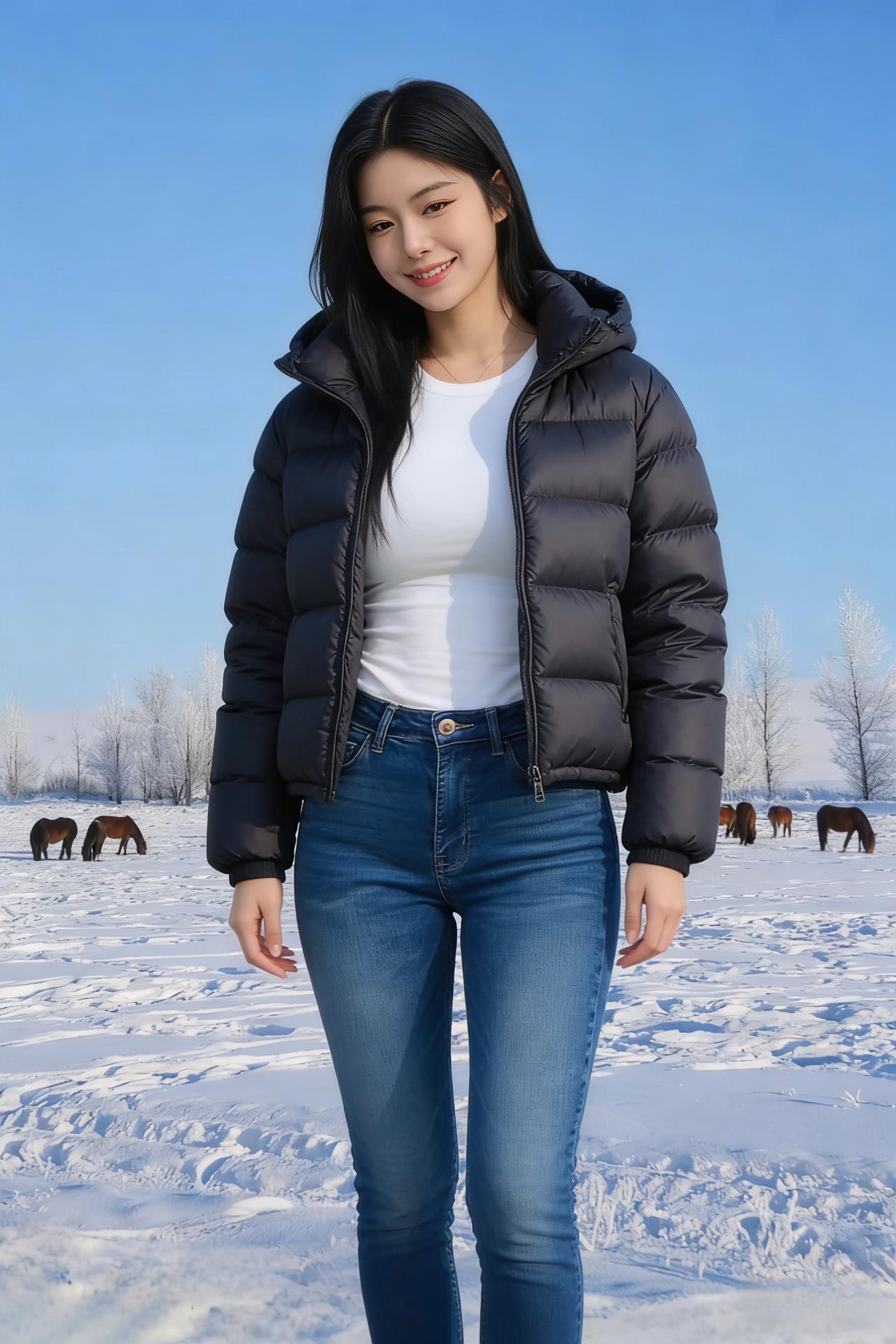 万里冰封覆野畴，晴光摇雪满汀洲。绒衣漫卷寒风软，青丝斜垂晓雾柔。马逐残冰寻碧