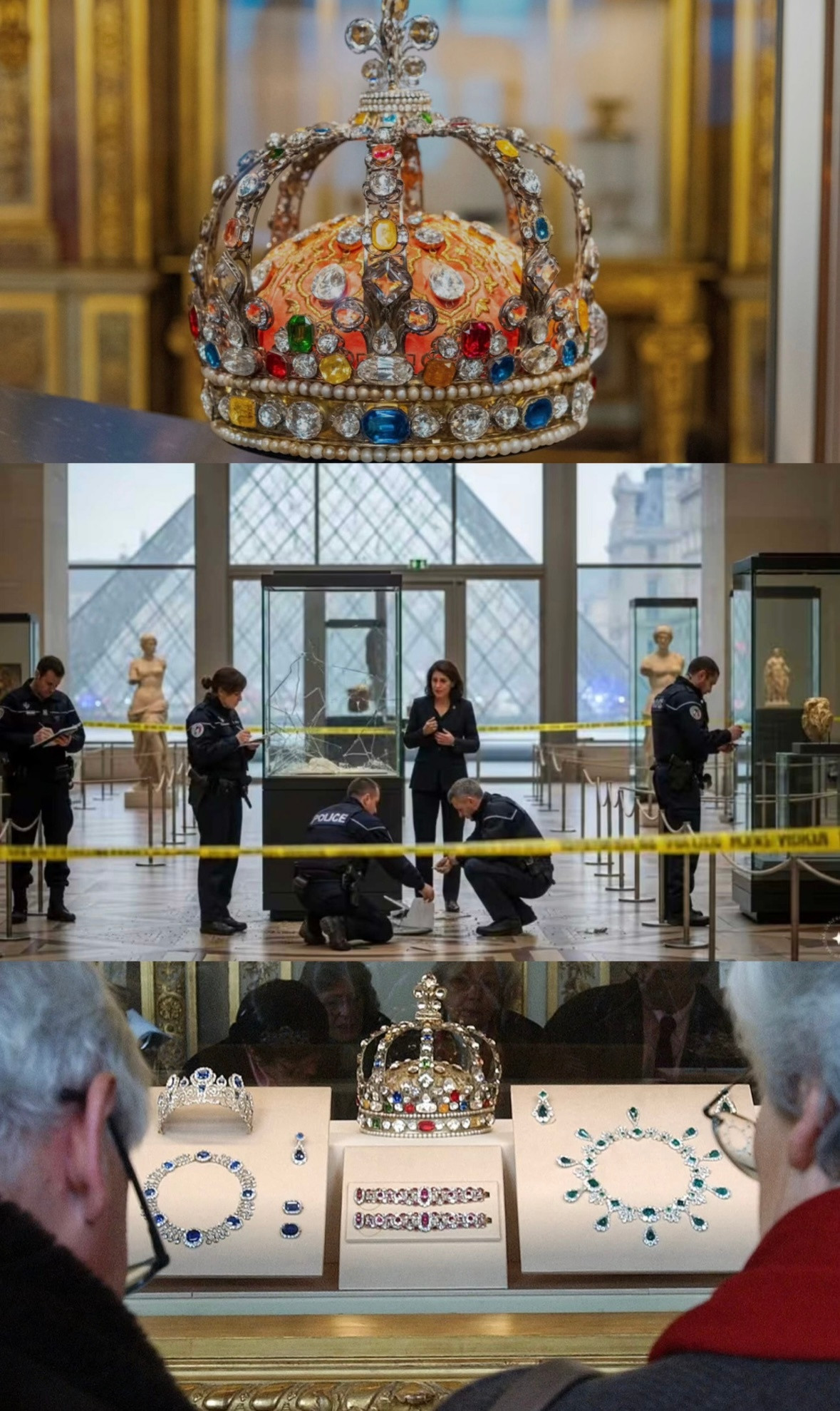 匪徒从卢浮宫逃跑时掉落皇冠卢浮宫珠宝大劫案真的让人震惊。短短几分钟，盗贼货梯进去