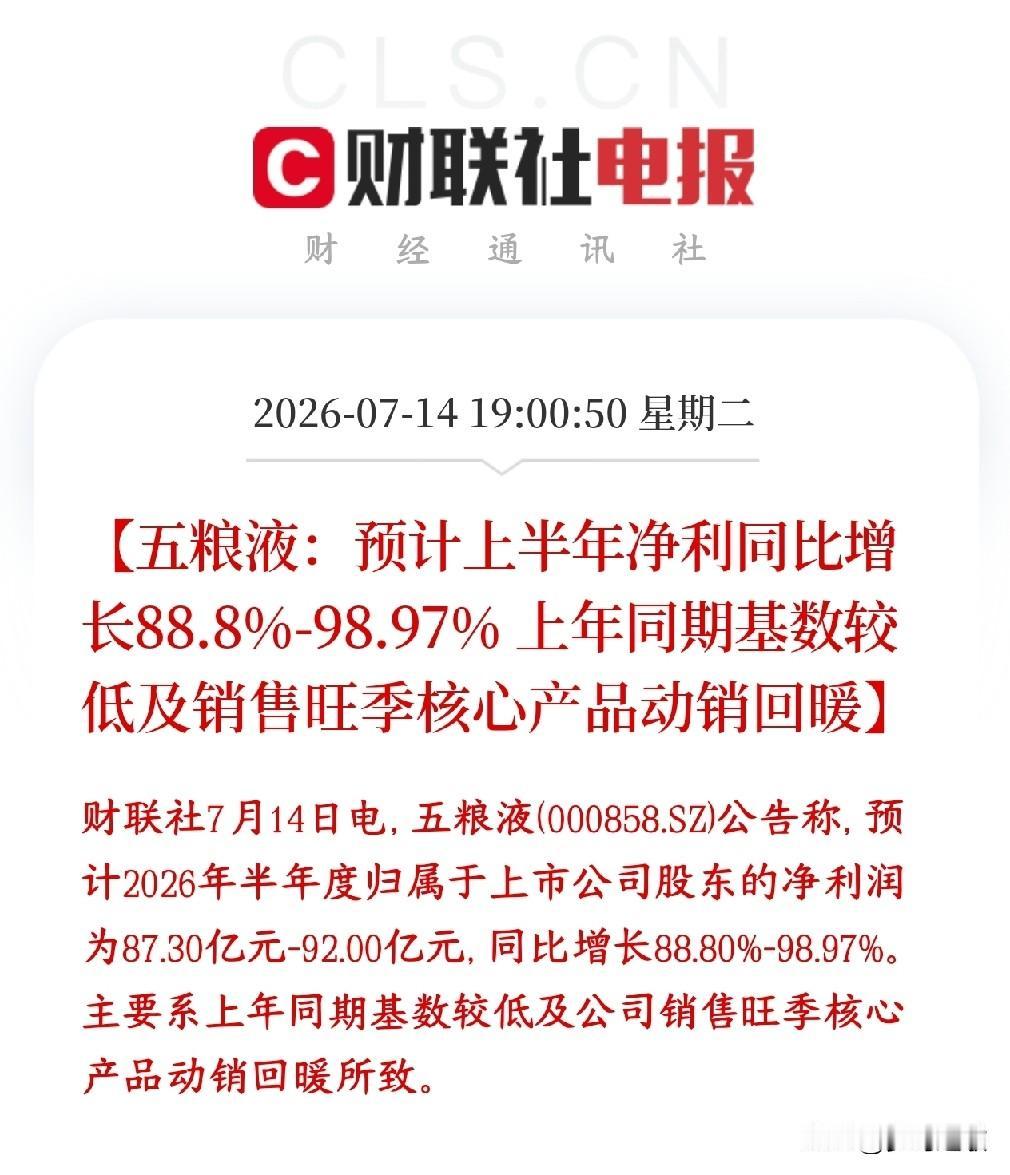 白酒板块还是不行，五粮液业绩公布直接暴雷了五粮液公布业绩预计上半年净利同比增长