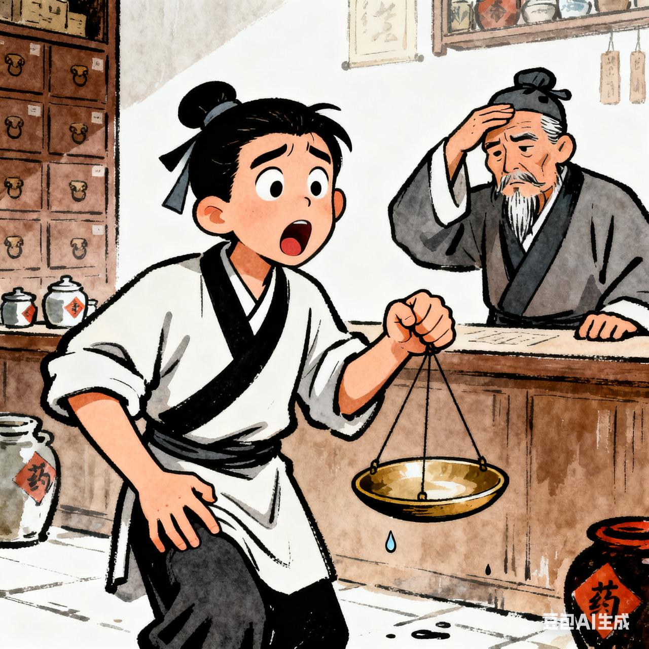 古代笑话药铺掌柜新收个徒弟，再三叮嘱：“抓药得看准秤，多一钱少一钱都
