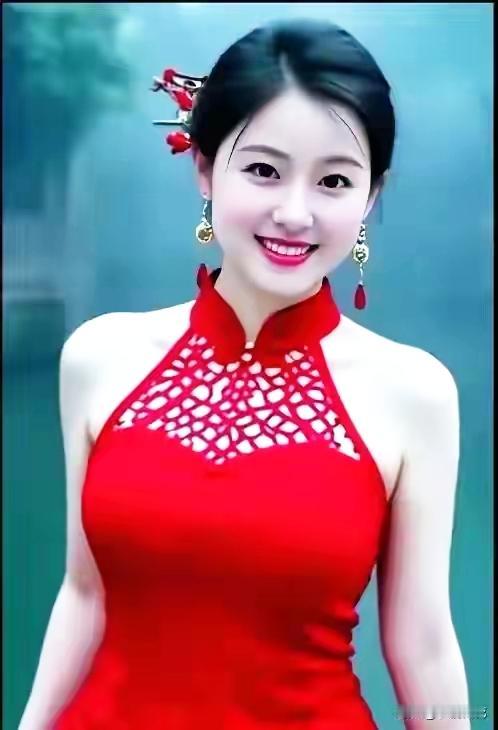 惊艳的红色旗袍，复古发饰，优雅气质，尽显东方美！