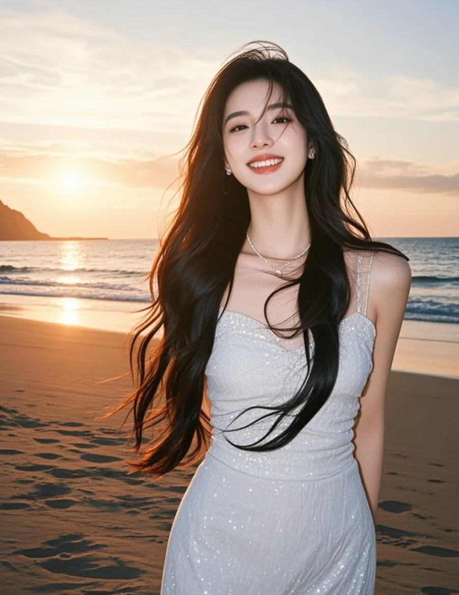 沙滩上的艺术定格：长发女神，温柔笑容，神秘浪漫氛围