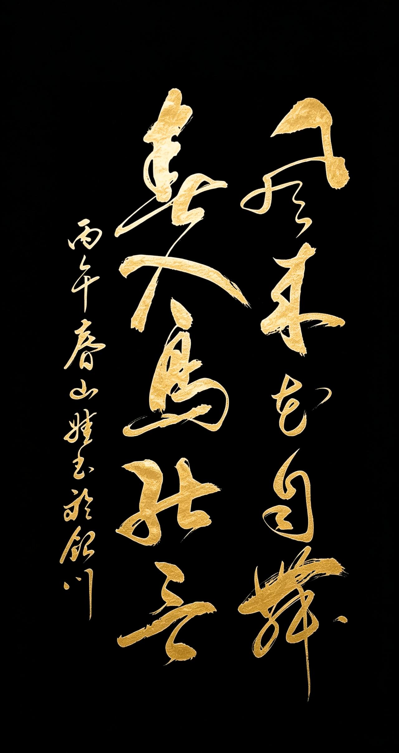 一眼沦陷！真的被这幅书法作品狠狠拿捏了！黑如夜的底色，搭配鎏金质感的笔触，每一