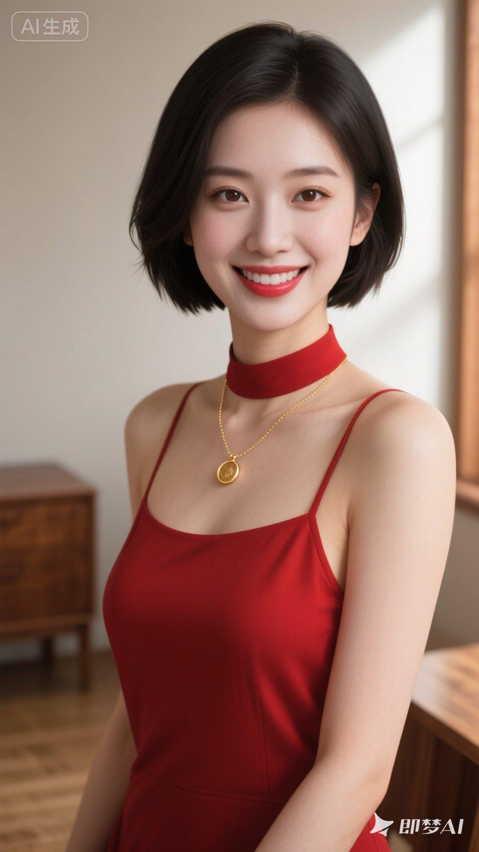 甜美笑容，红色连衣裙，时尚项链，元气满满的一天！🌟✨