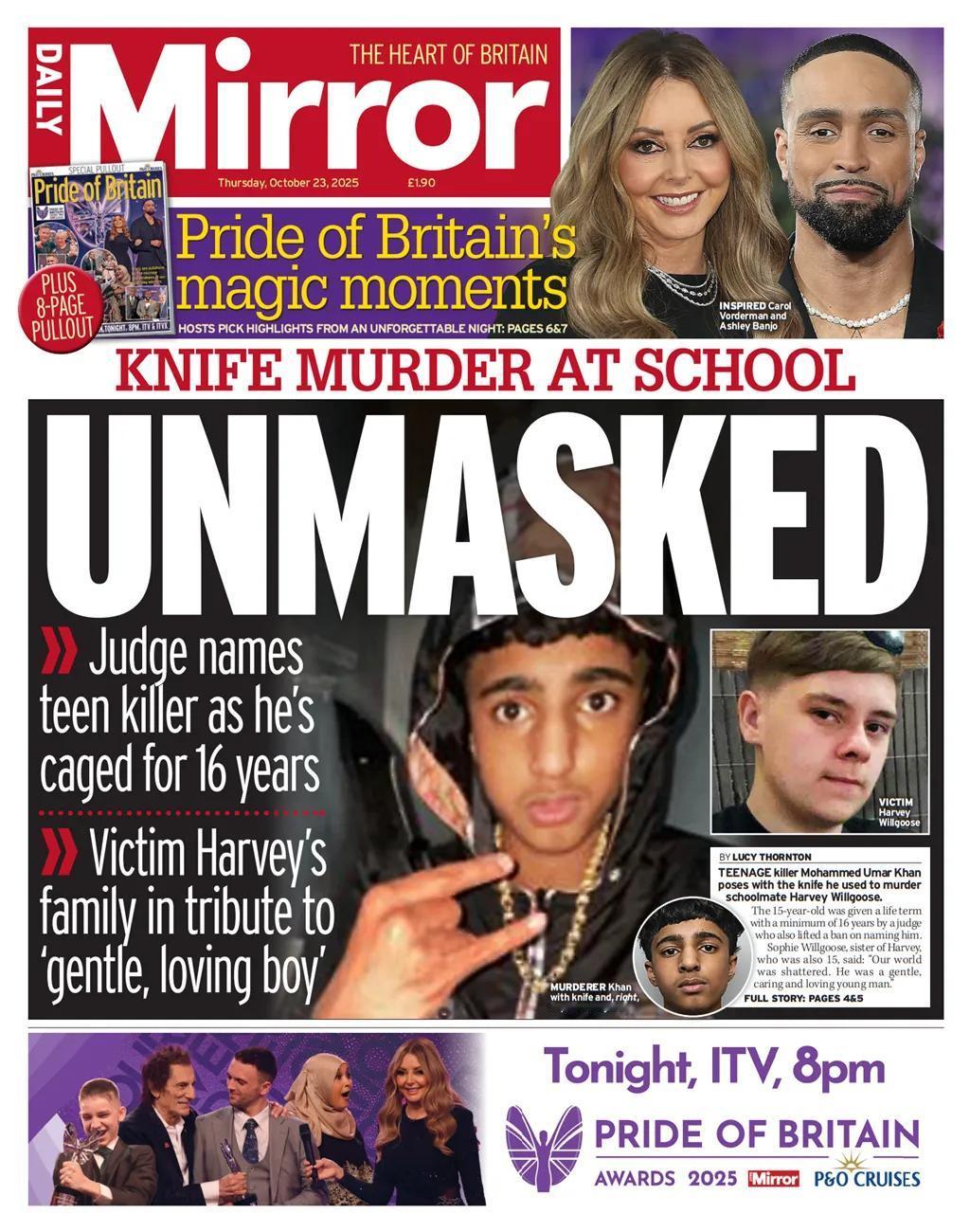 穆罕默德·乌玛尔·汗的面孔出现在《每日镜报》的头版。这名15岁少年因在午餐休息期