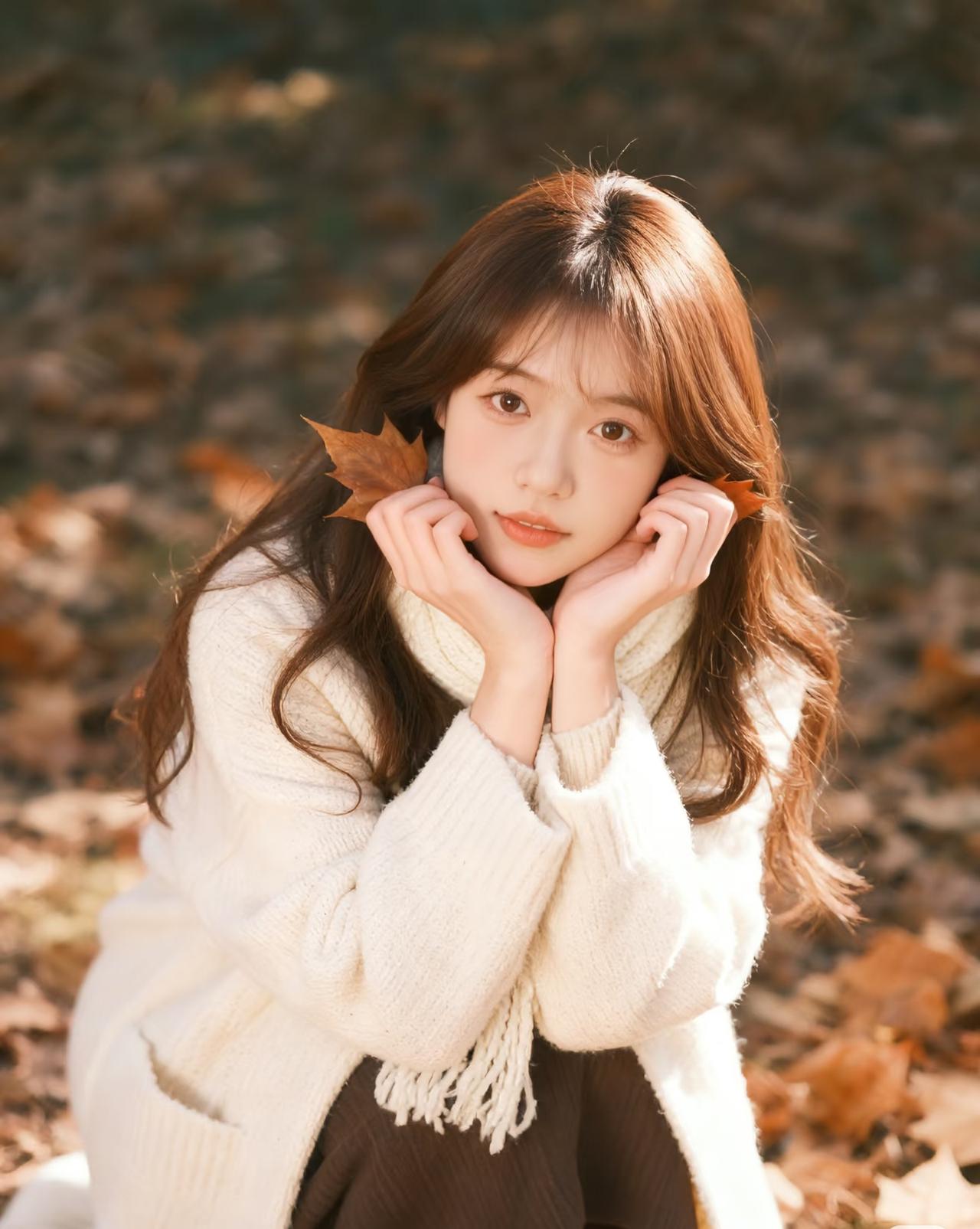 光之影秋日暖阳下，少女与落叶的温柔邂逅。