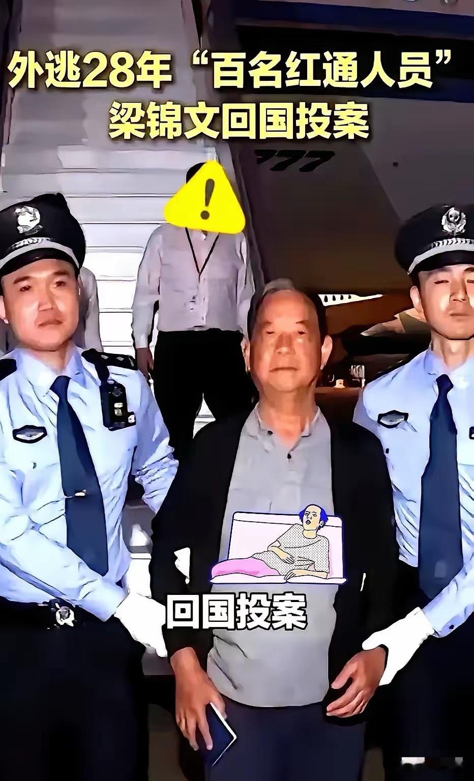 72岁红通嫌犯外逃28年回国！钱花光才自首，算盘打得太精百名红通人员梁锦文回国投