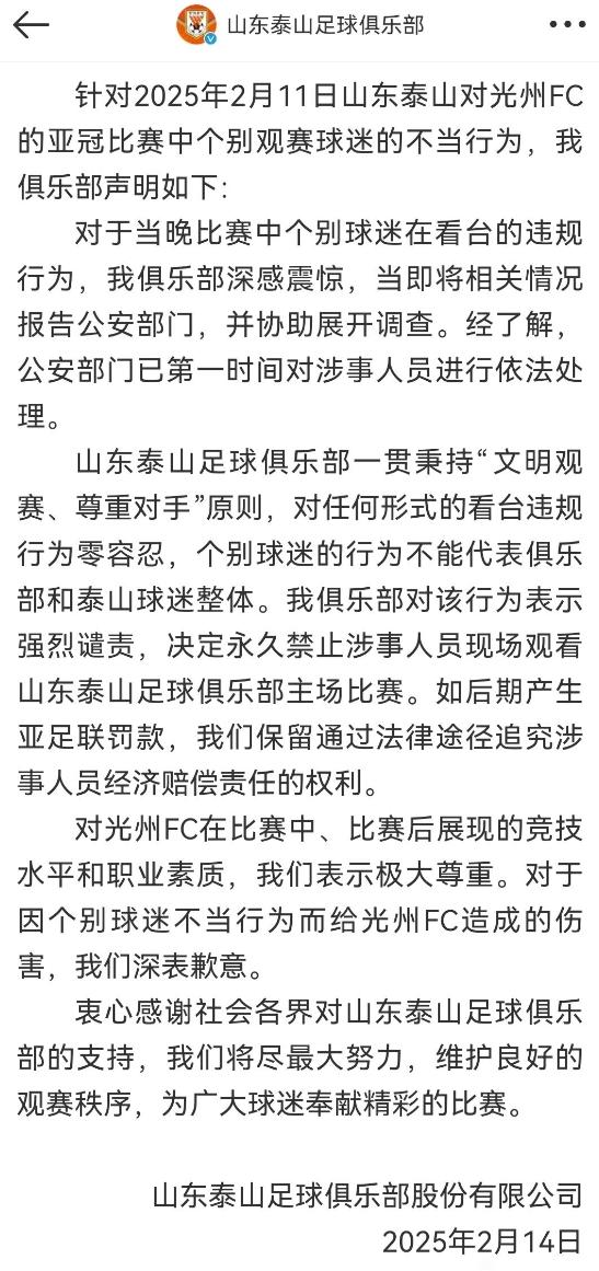 泰山队开出重大罚单！与光州FC一战，个别球迷举着韩国总统全斗焕的头像——实际上