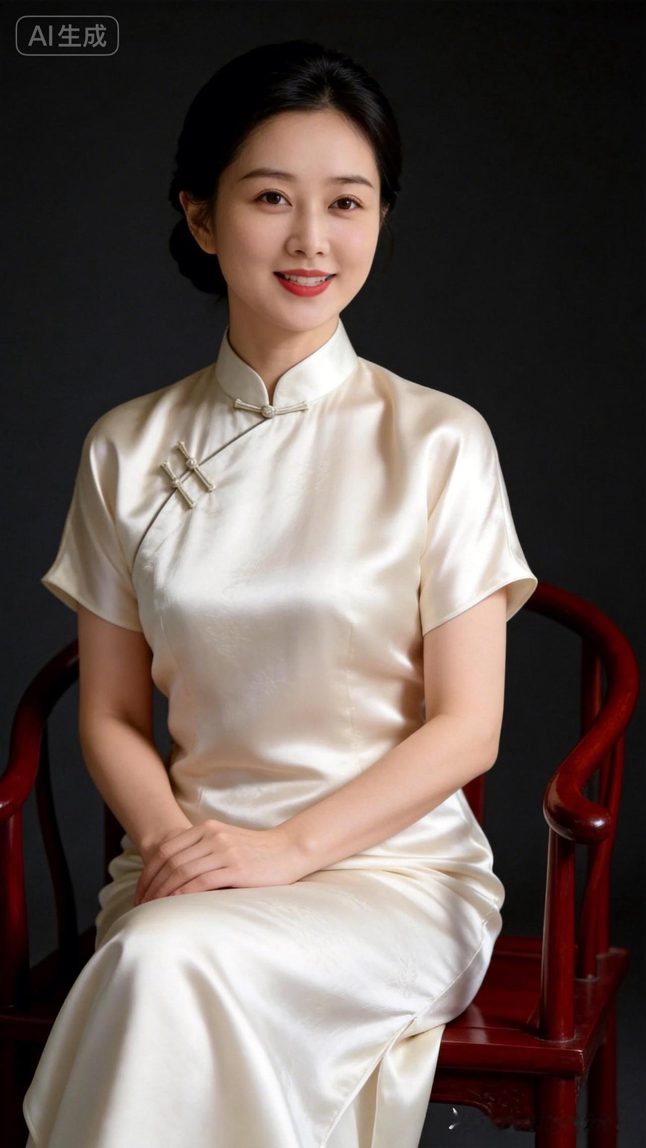 一个穿旗袍的女士坐着微笑。