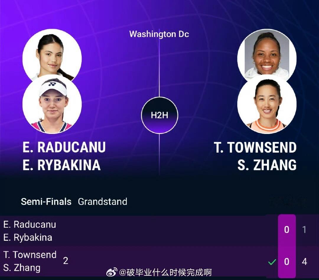 📢张帅晋级华盛顿赛女双决赛📍【华盛顿赛】女双半决赛💪张帅/汤森德4-1领先