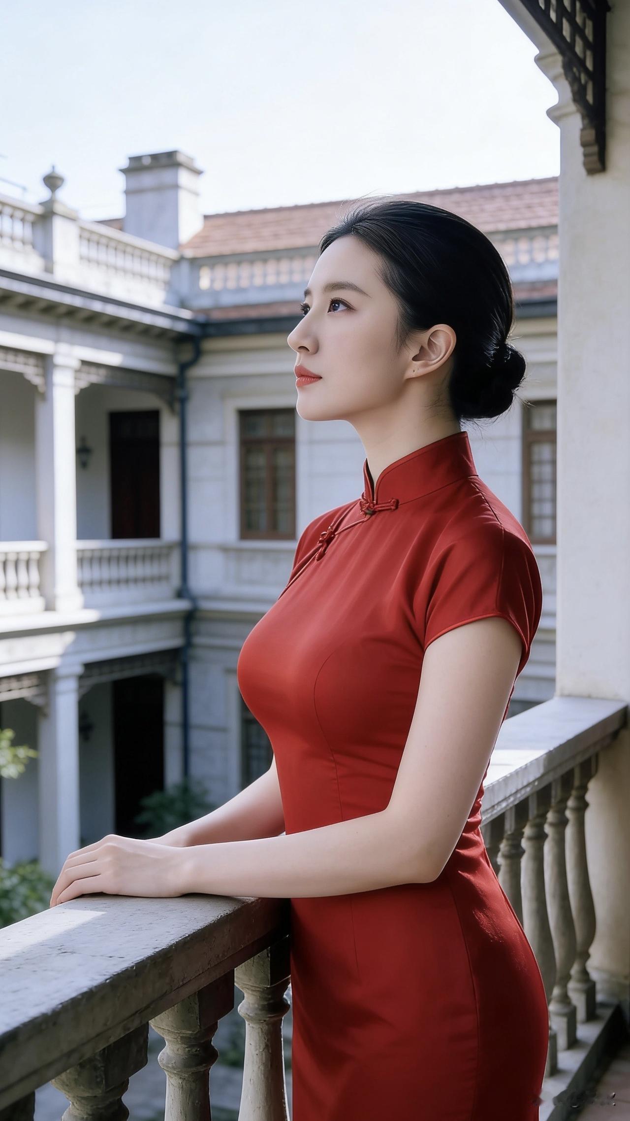 正红旗袍裹着旧洋楼的光影，她凭栏而立，目光越过雕花栏杆落在远处的天际。米白色的石