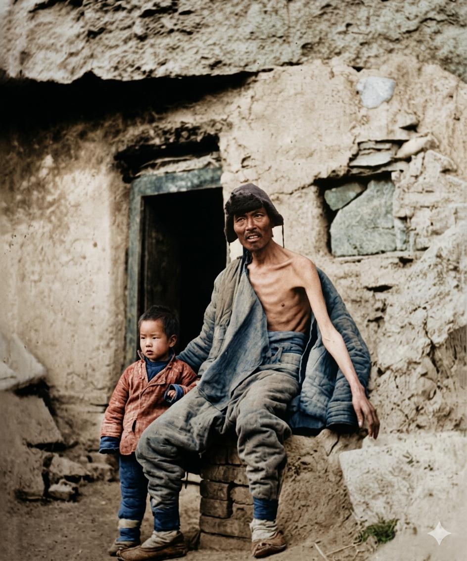 民国，这户人家早已家徒四壁，只能靠这孔土窑勉强遮风挡雨。黄土破窑前，一位父亲的身