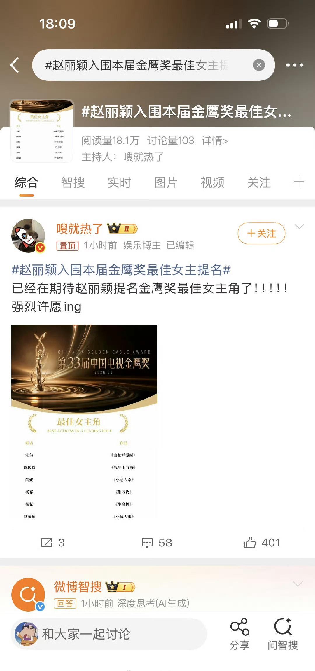 【辟谣】这张金鹰奖最佳女主角提名是我5月多做的预测！搬运的人故意抹掉「预测」水