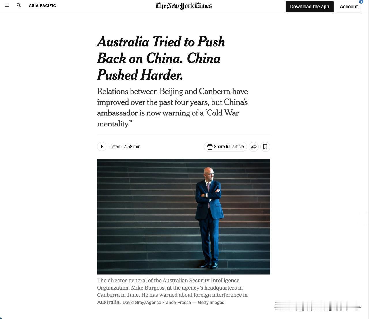 《纽约时报》写了一篇完整的文章，只说一件事：澳大利亚试图“站起来”中国。它什