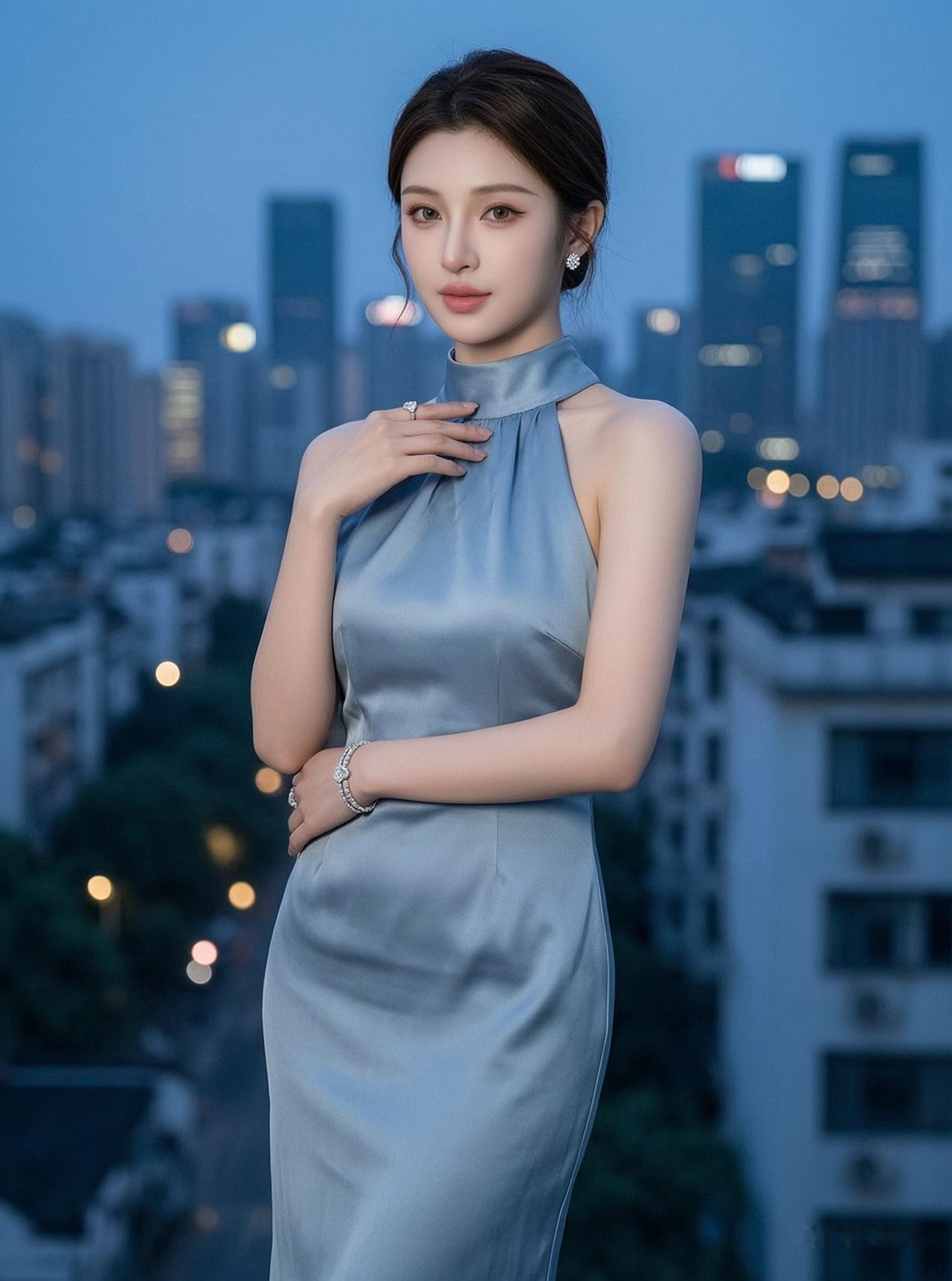 都市夜景下的优雅女神，浅蓝色晚礼服尽显气质。