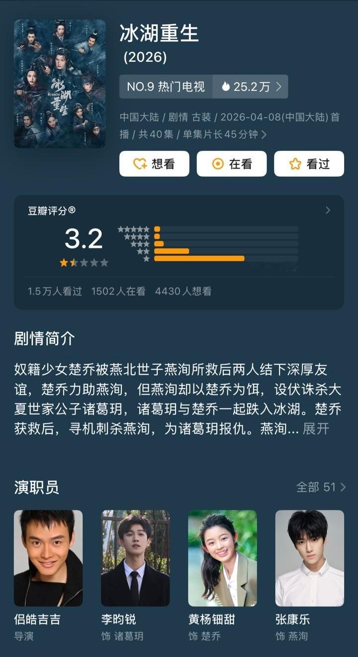 攻玉导演侣皓吉吉吉吉今年两部剧《江湖夜雨十年灯》5.7，《冰湖重生》3.2，后