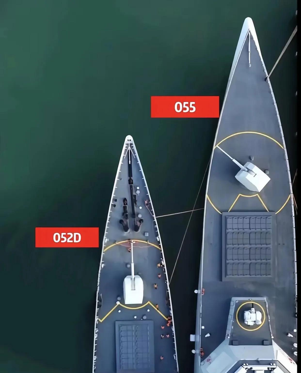 如果把055型和052D型的舰艏前甲板放在一起比较，就会发出由衷的感叹，大舰真的