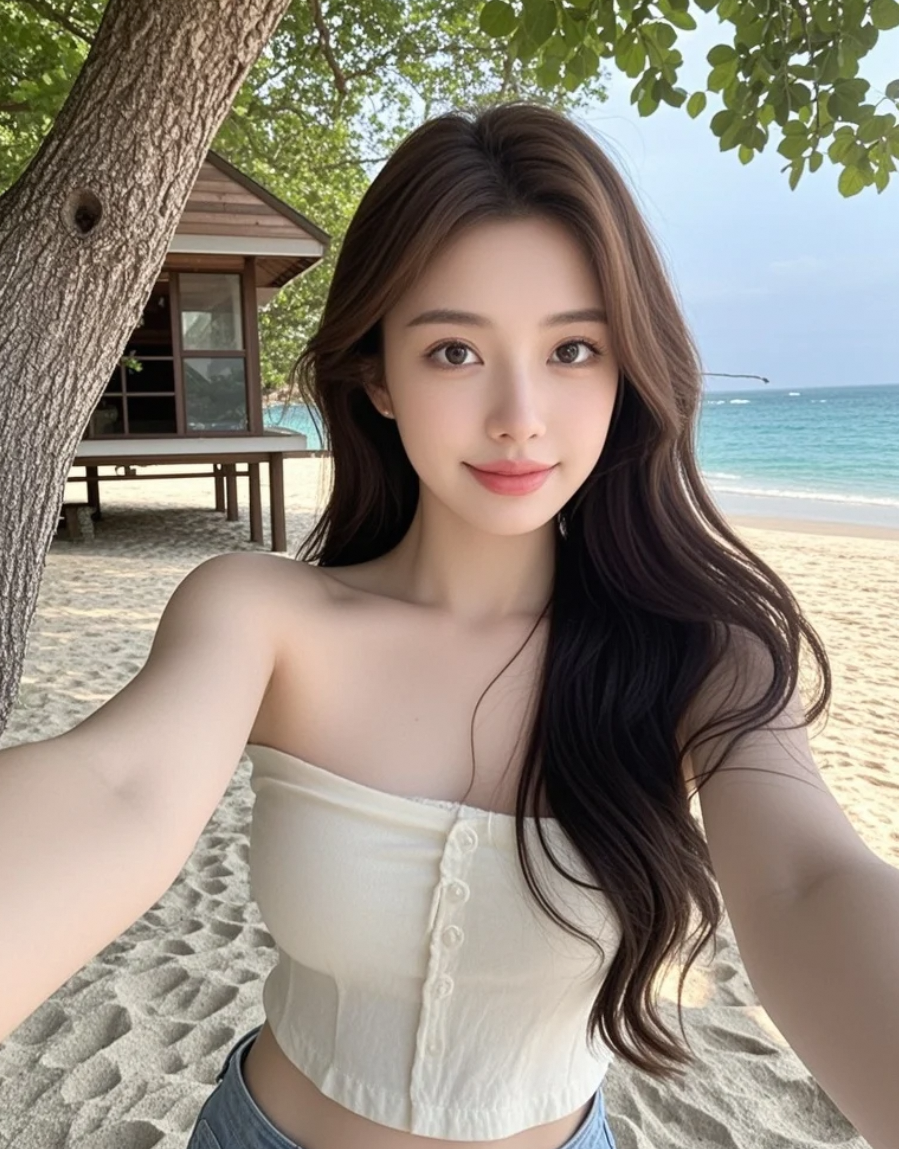 海边的木屋风情：美女度假时与树和海的亲密接触