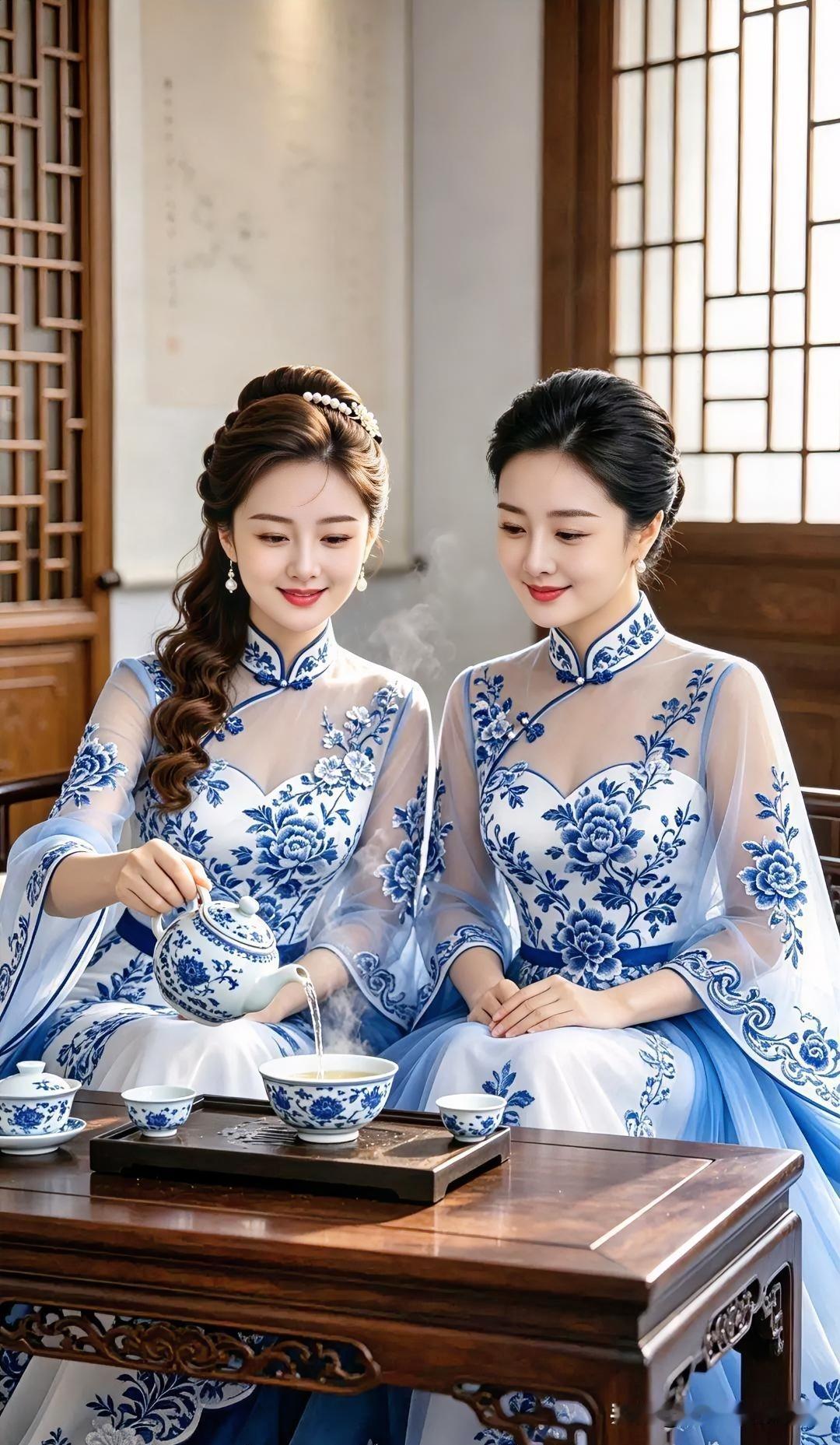 【散文诗·青花茶韵】青花凝雾色，双姝对坐幽。素手倾香茗，浅笑映窗柔。