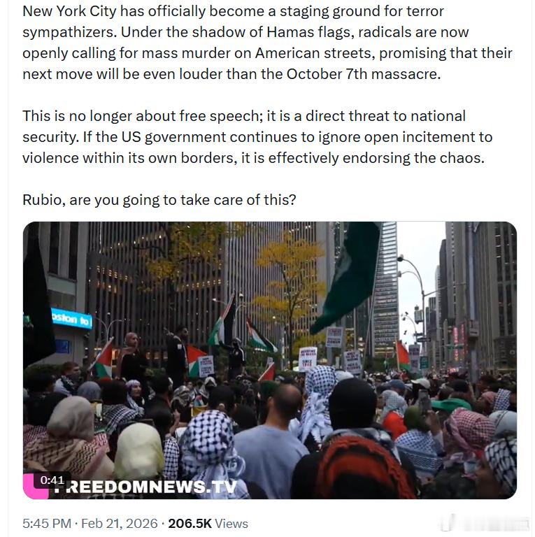 纽约市已经正式成为恐怖同情者的集结地。在哈马斯旗帜的阴影下，激进分子如今公然呼吁