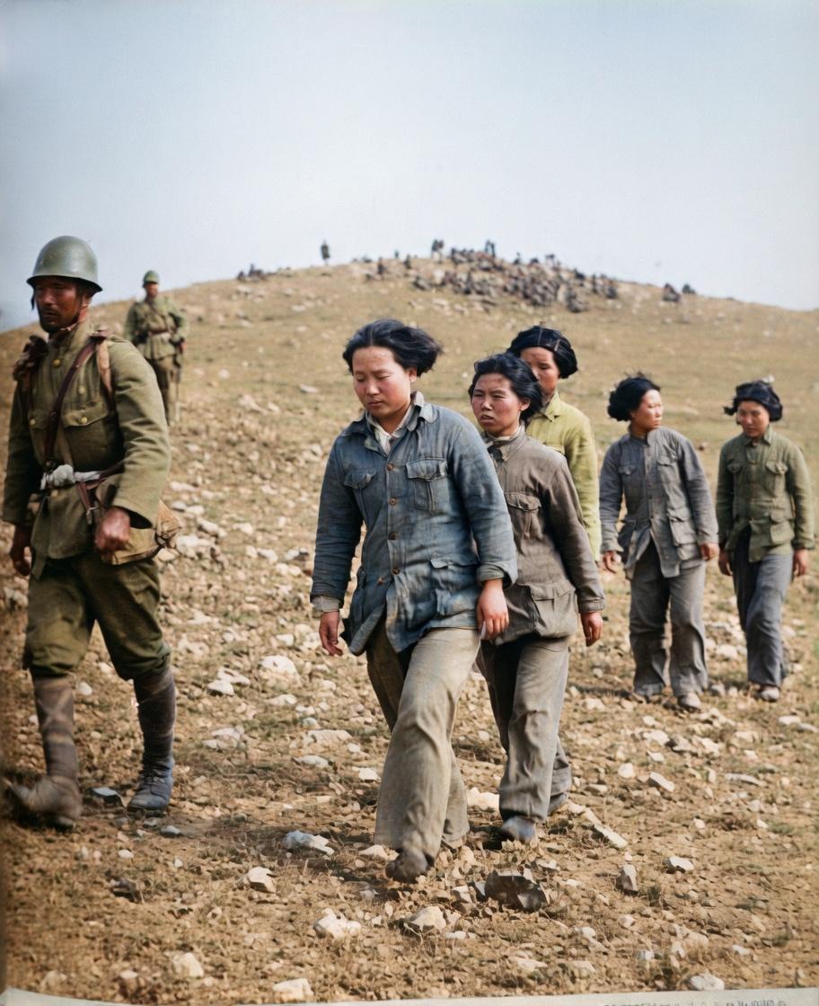 徐州会战，被俘的国军后勤卫生女兵在日军押送下前行。左侧一名日军士兵荷枪实弹，走