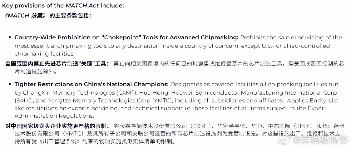 美国国会抛出了史上最严的对华芯片管控法案(MATCH法案)，这是一个两党都支持的