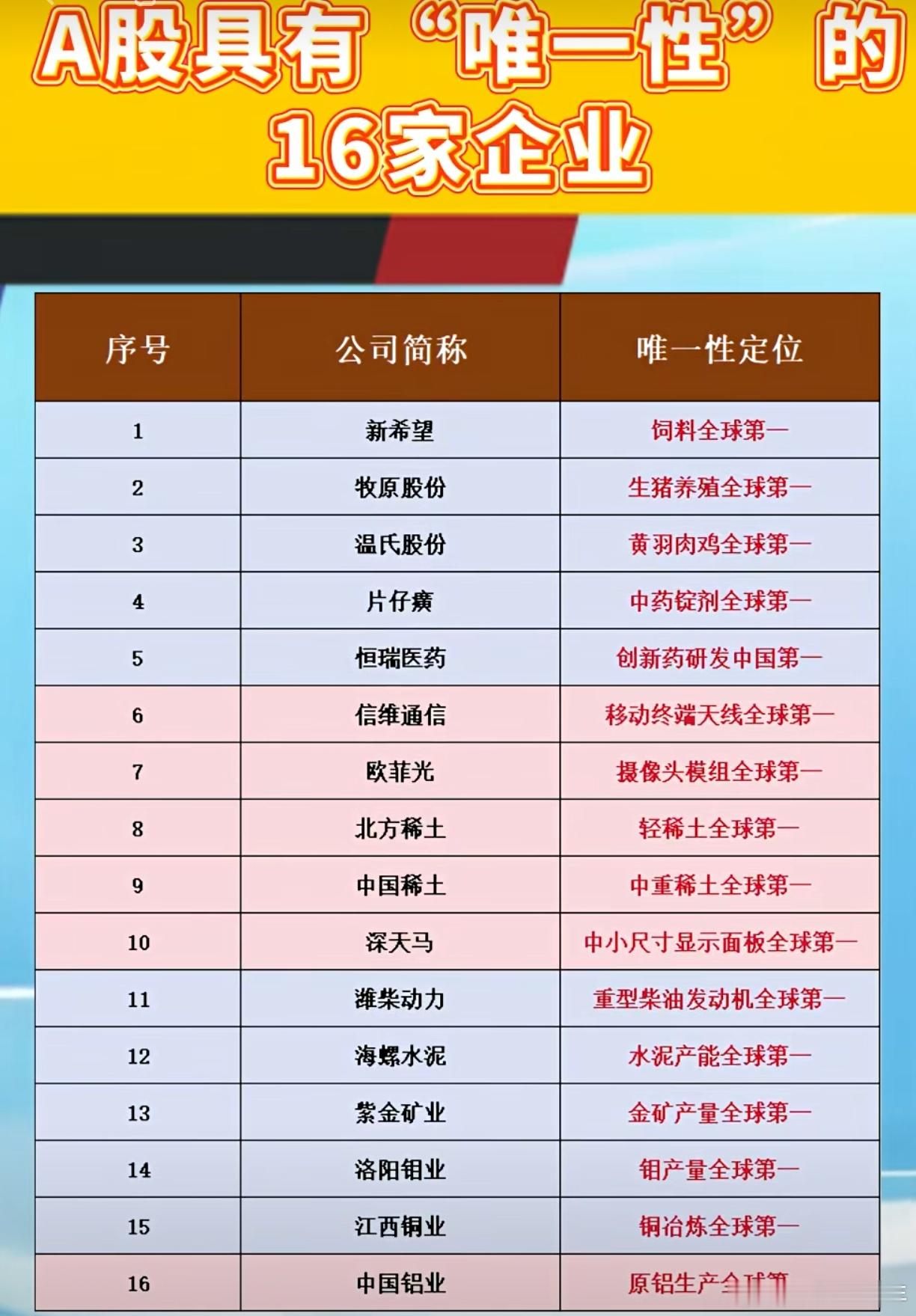 A股具备唯一性的公司名单​​​