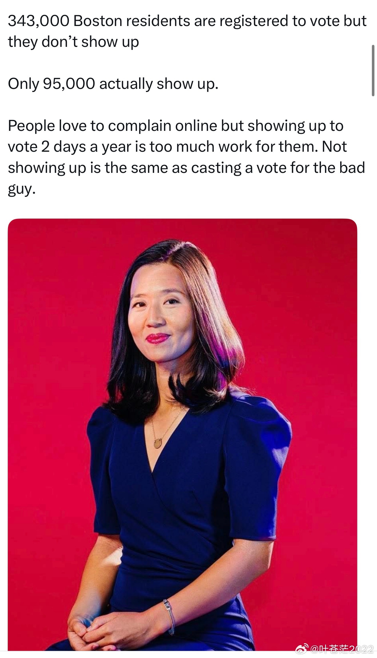 这位网友和我这么多年作为波士顿的Pollworker的观察一模一样。反对她的