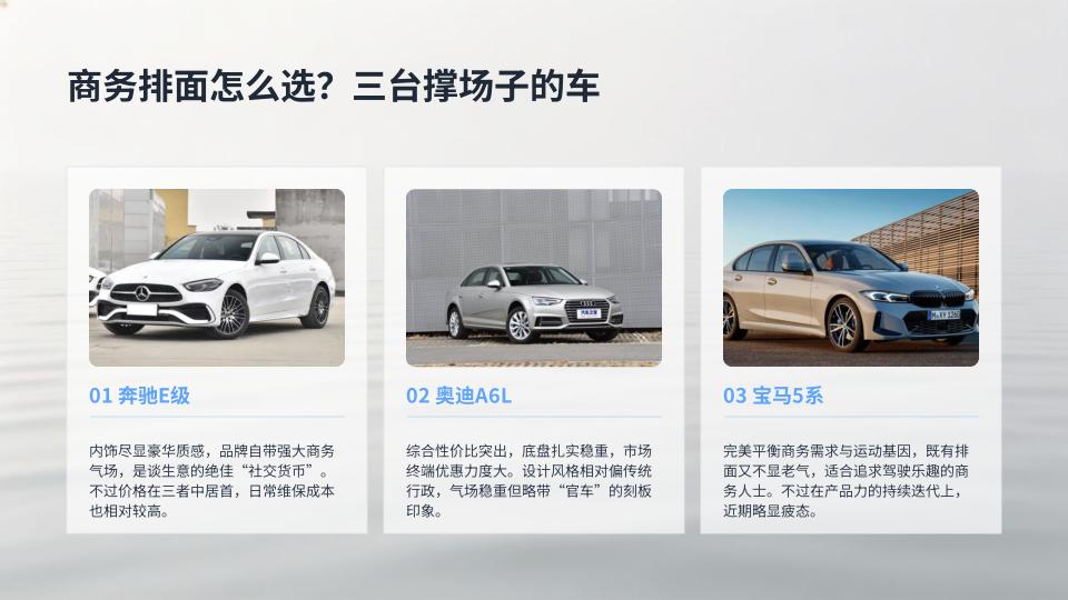 商务排面怎么选？三台撑场子的车奔驰E级、奥迪A6L、宝马5系，这三台车是商务场