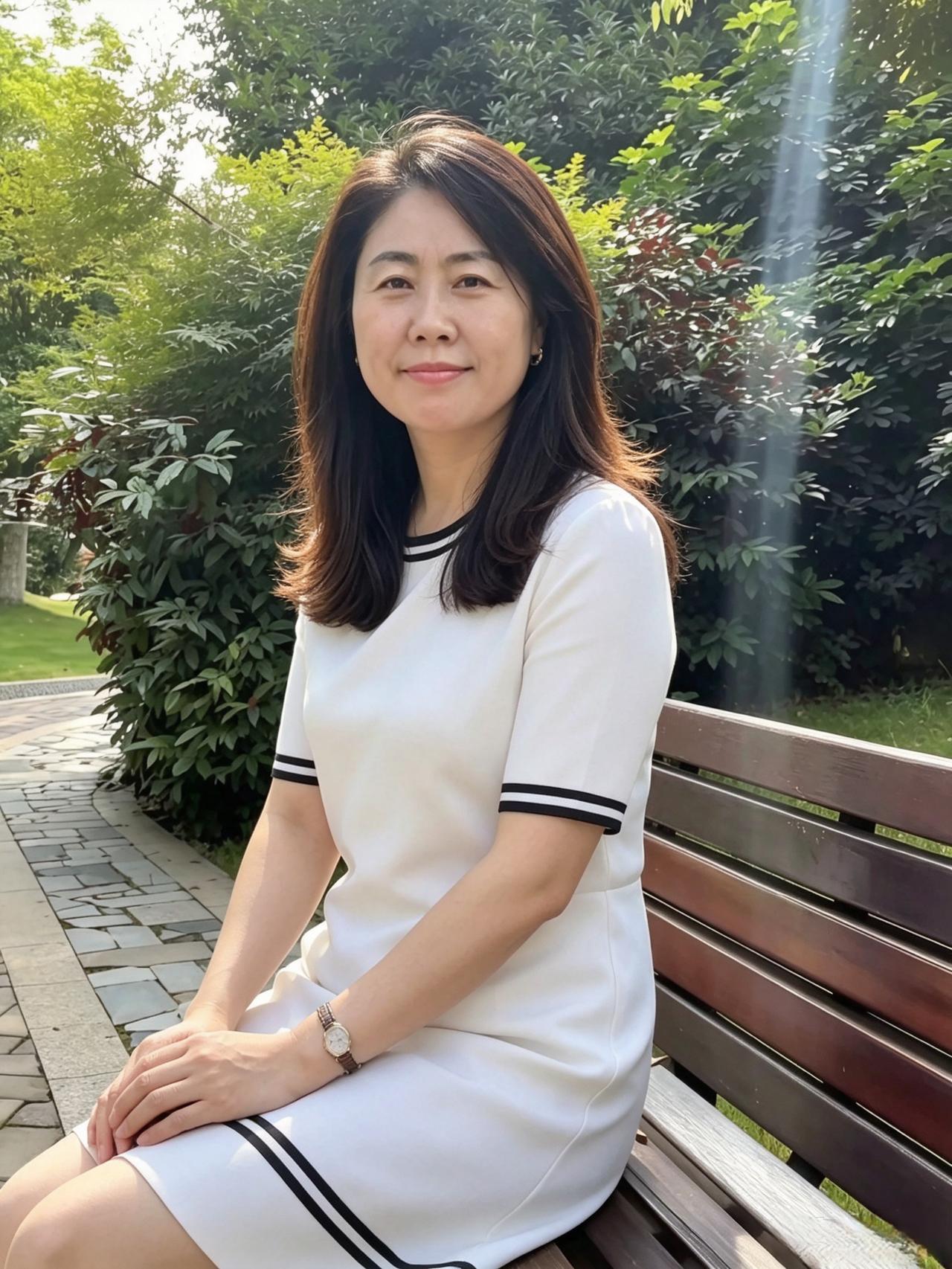 翠树繁阴覆夏光，素裙闲坐沐幽香。眉眼从容含情意，岁月温柔入诗行。
