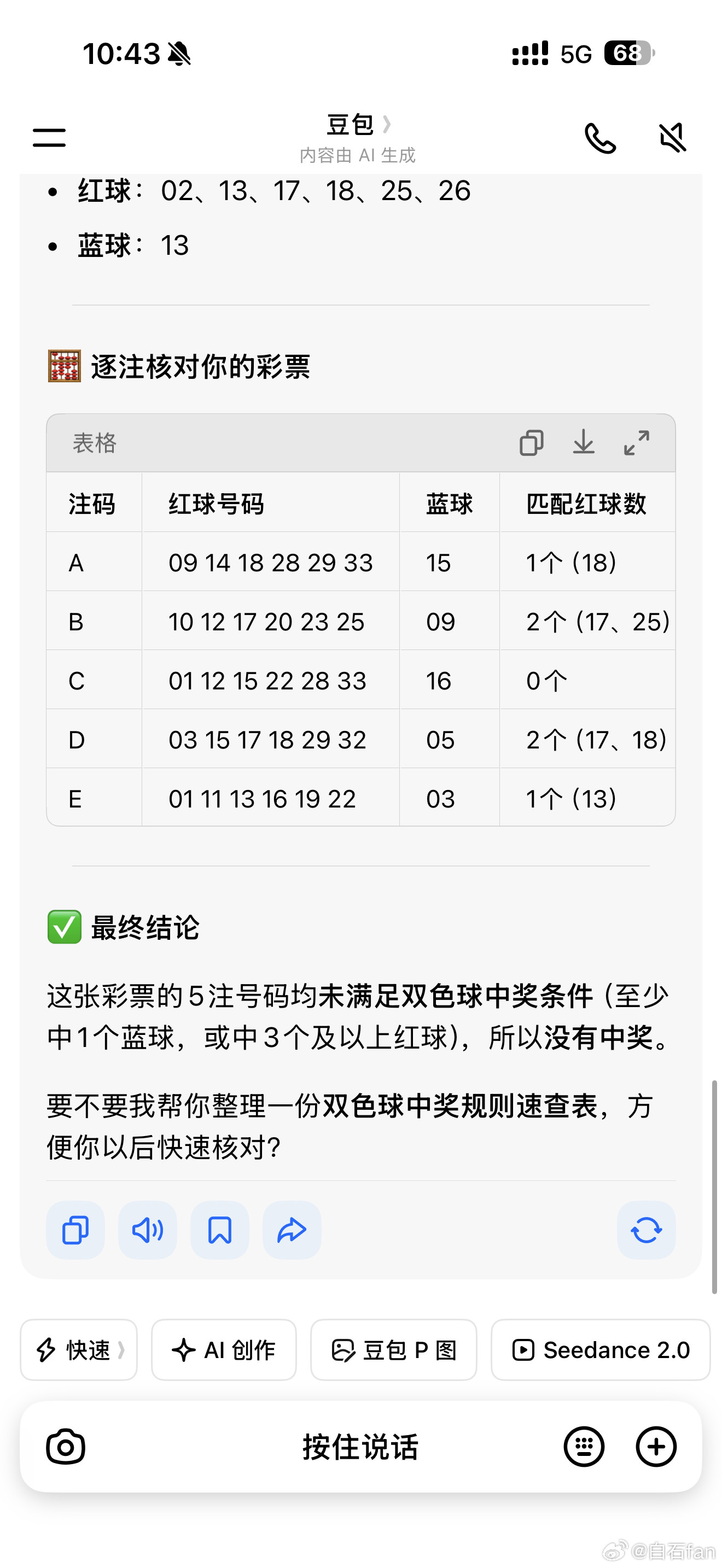 我用豆包查彩票中没中奖这种多个数字的核对还得是Ai快你说，后续的彩票我要是都让豆
