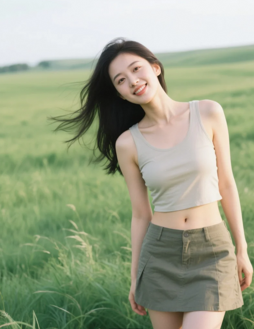 辽阔草原中的亚洲美女，与大自然融为一体