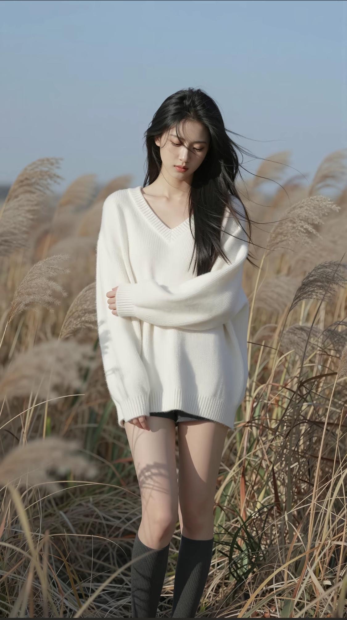 秋日田野中的少女，白色毛衣与黑色长靴的完美搭配，尽显温柔与时尚。