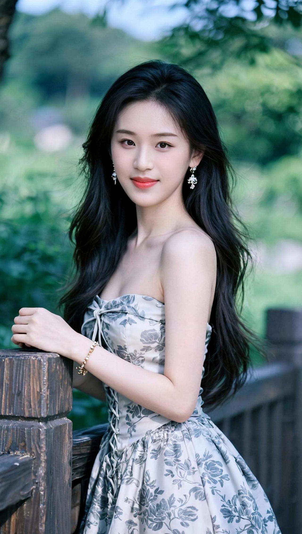 在绿意盎然的背景中，一袭优雅的裙装仿佛与自然融为一体，仿佛是森林中的精灵悄然降临