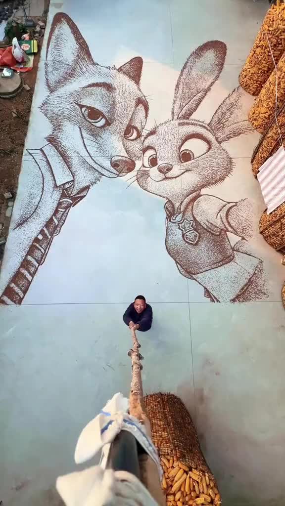 山东滨州一名农户以大地为纸、粮食为墨，画出了《疯狂动物城2》中朱迪和尼克的巨幅海报