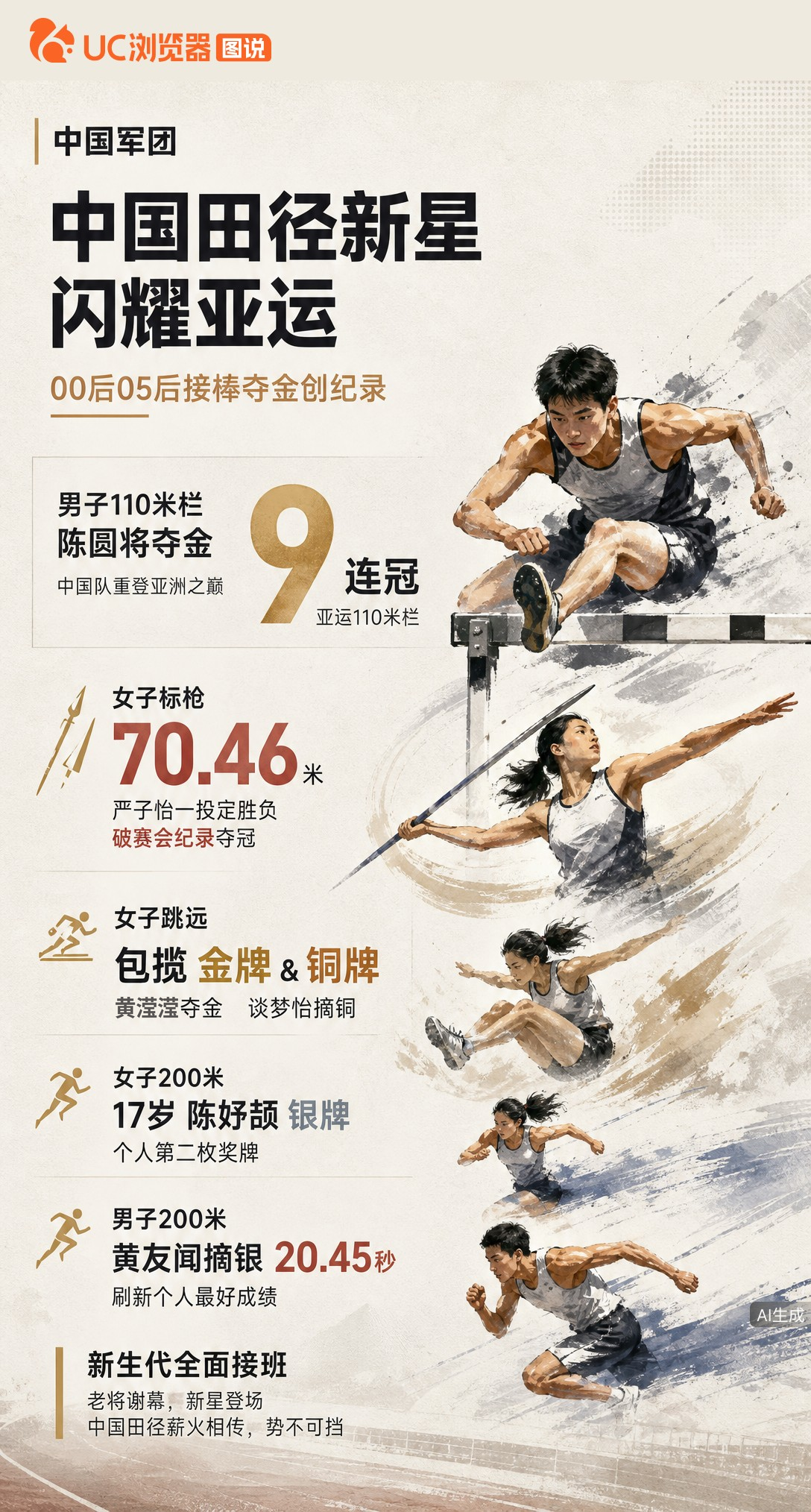 名古屋亚运田径夜，00后05后集体接班！陈圆将110米栏夺金助中国队重登巅峰，严子怡标枪70米46破