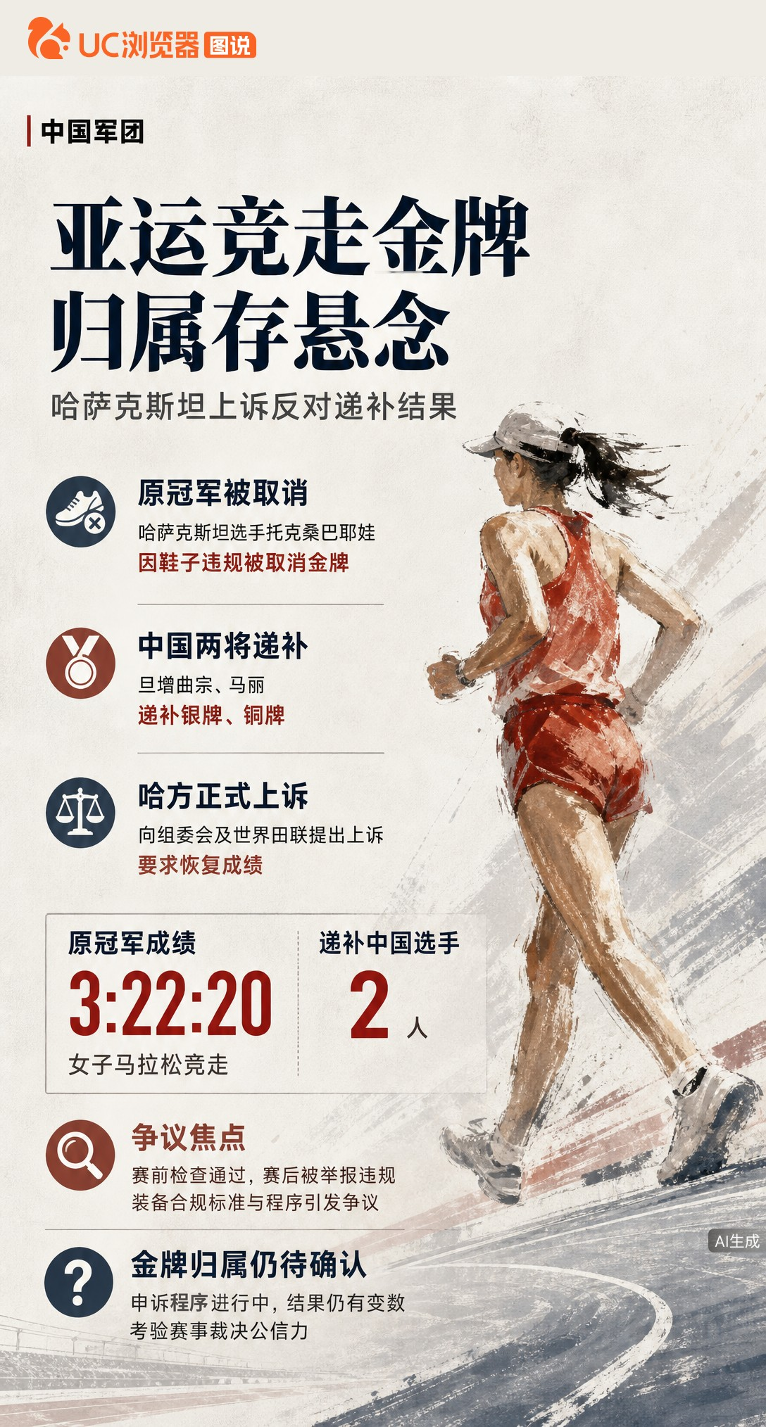 亚运女子马拉松竞走奖牌再生变！中国选手旦增曲宗、马丽刚递补银铜牌，哈萨克斯坦已上诉要求恢复成绩。赛前