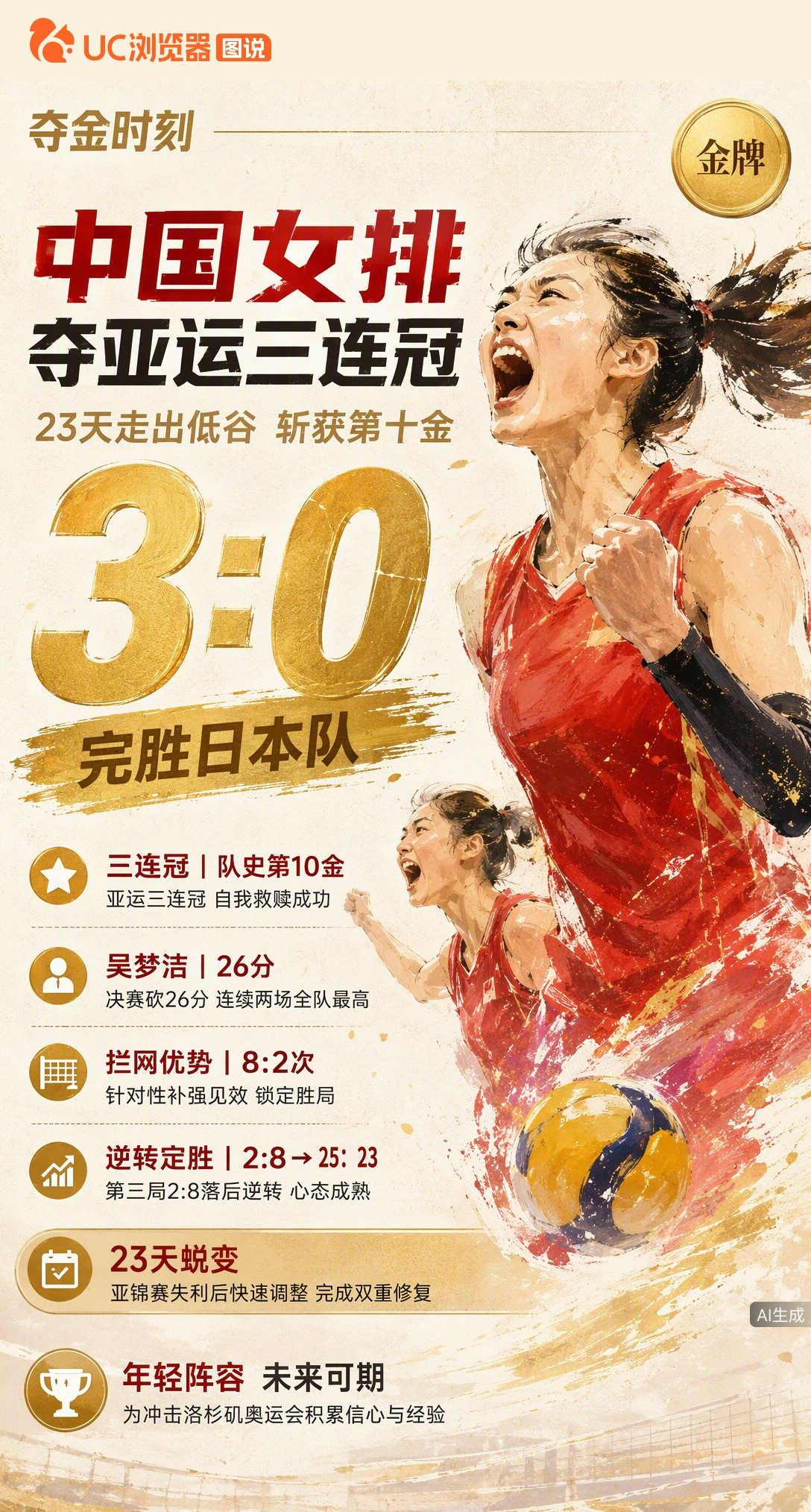 亚运三连冠！中国女排3-0完胜日本夺队史第10金。吴梦洁砍26分，拦网8-2碾压，23天前亚锦赛失利