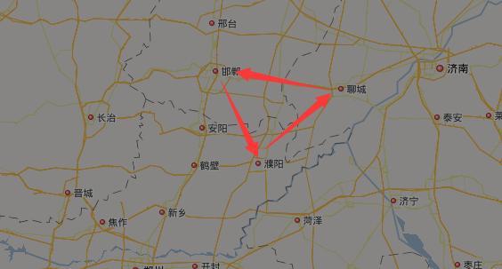 河北,河南和山东三省交界,相邻的三个城市分别是邯郸,濮阳和聊城,其中