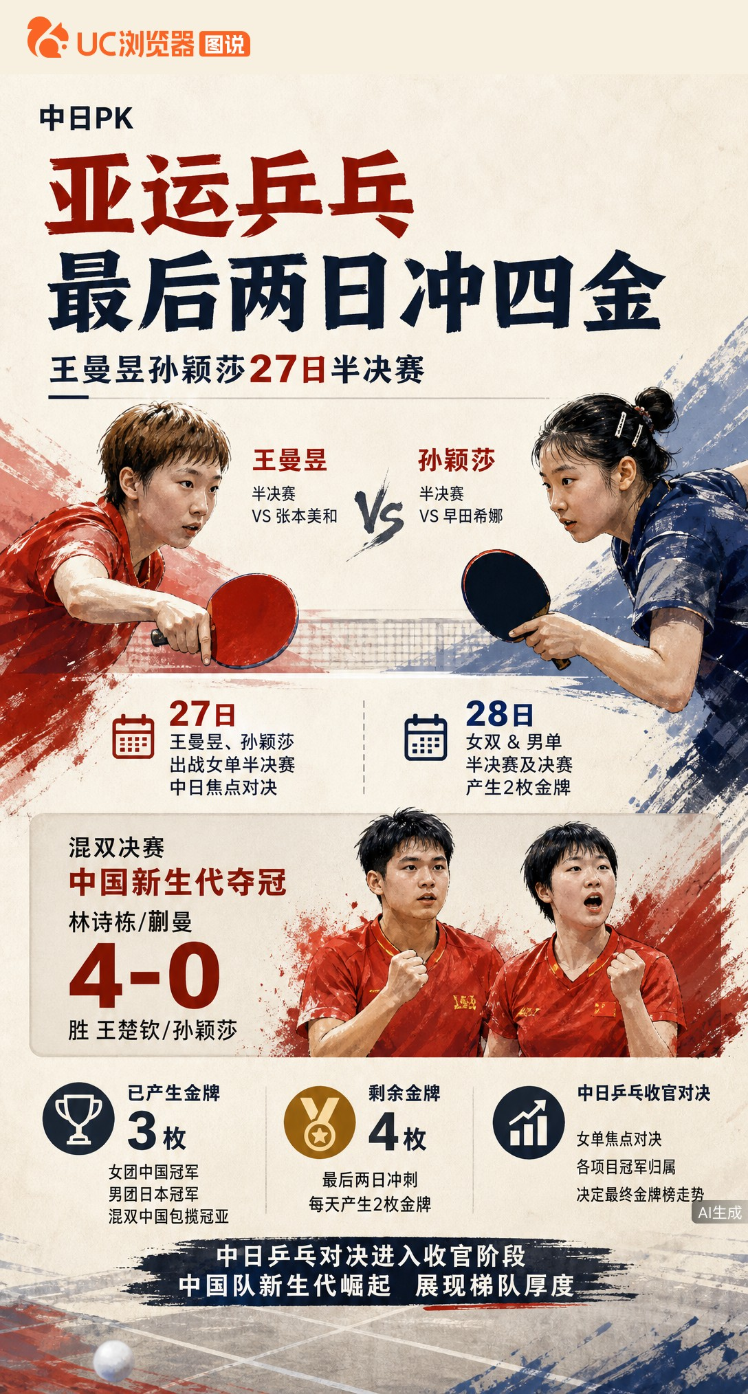 亚运乒乓女单半决赛中日对决！孙颖莎战早田希娜，王曼昱碰张本美和。混双林诗栋/蒯曼4-0夺冠展现梯队厚