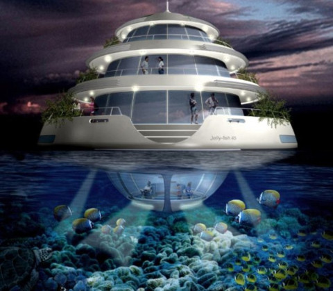 此外,在手臂似桥梁两旁设有80座套房,套房楼高四层,形似水母,配备透明