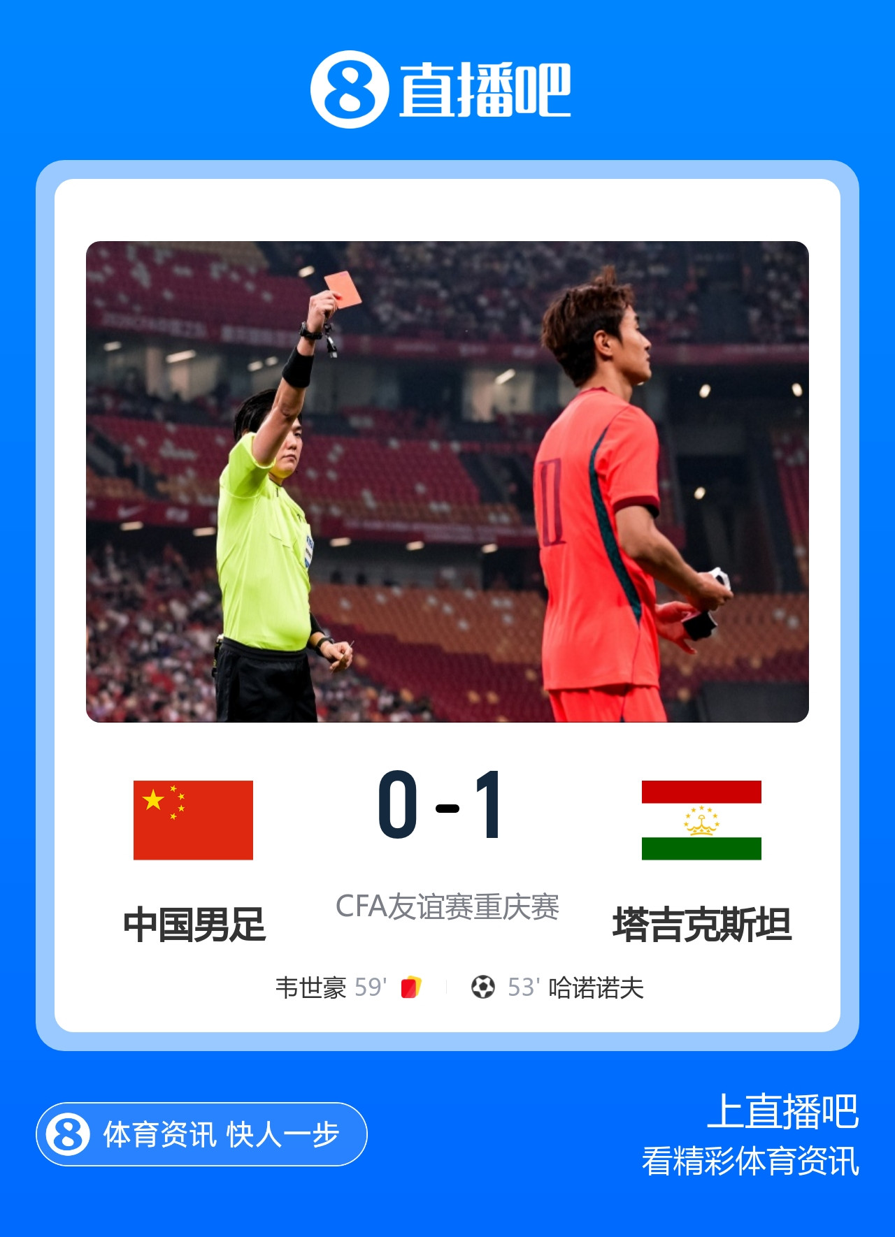 3连败!国足0-1不敌塔吉克斯坦