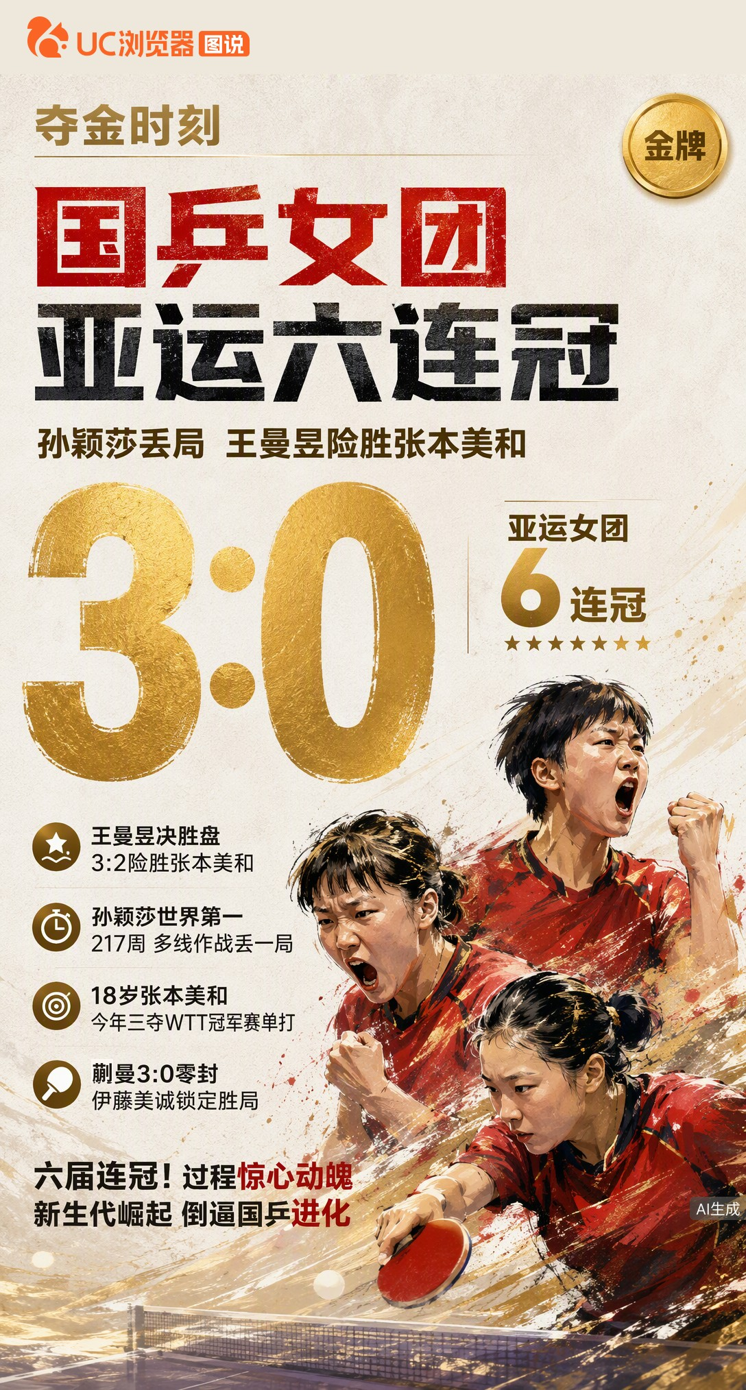 亚运女团六连冠！国乒3-0胜日本，但过程惊险：王曼昱决赛3-2险胜张本美和，孙颖莎也曾丢局。金牌到手