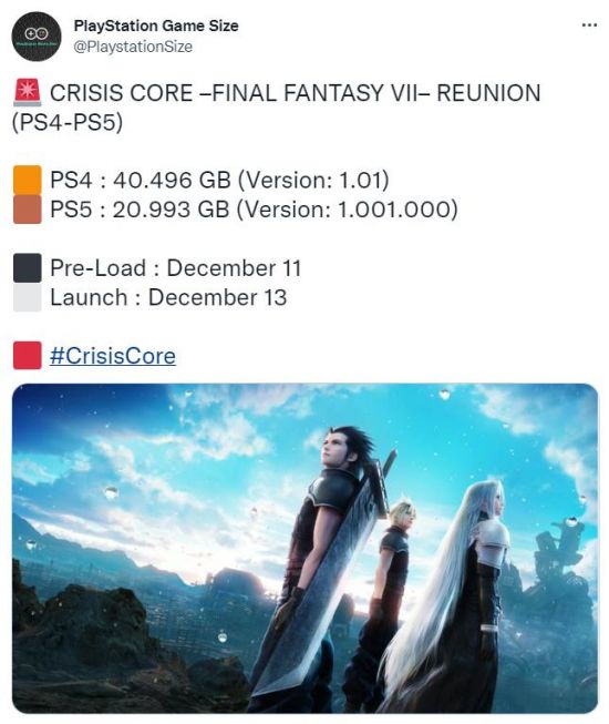 《最终幻想7:核心危机 再融合》PS版容量大小曝光 12月11日预载