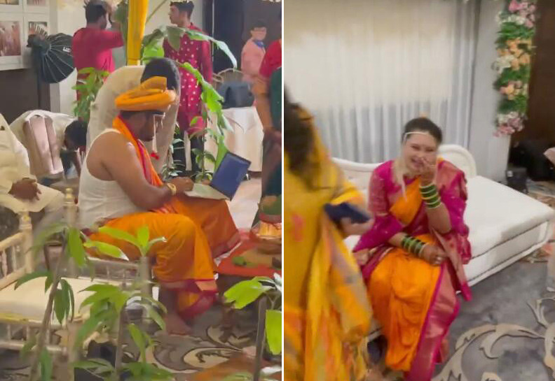 印度一新郎在婚禮上抱著電腦猛敲鍵盤 新娘無奈大笑-圖1