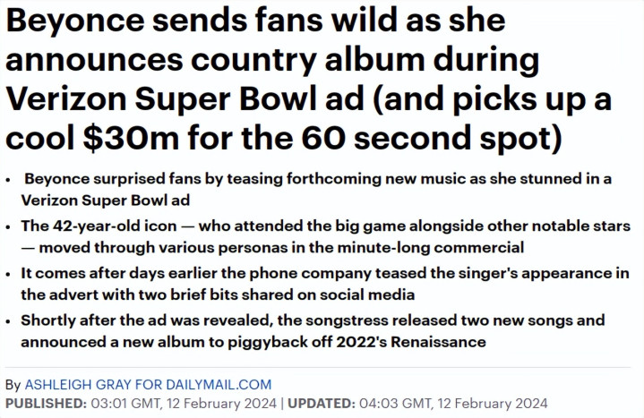 1秒钟赚358万! 碧昂丝成为龙年第一打工人, 拍60秒广告收入2.1亿(碧昂丝美国什么级别的)