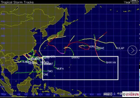 月1日--9月8日西北太平洋颱風路徑集合,方框框起的暖池內颱風活動稀少