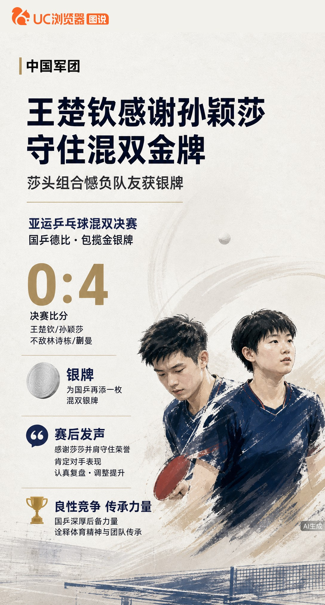 名古屋亚运混双决赛国乒德比，王楚钦/孙颖莎0-4负于林诗栋/蒯曼摘银。赛后王楚钦感谢搭档一起守住荣誉